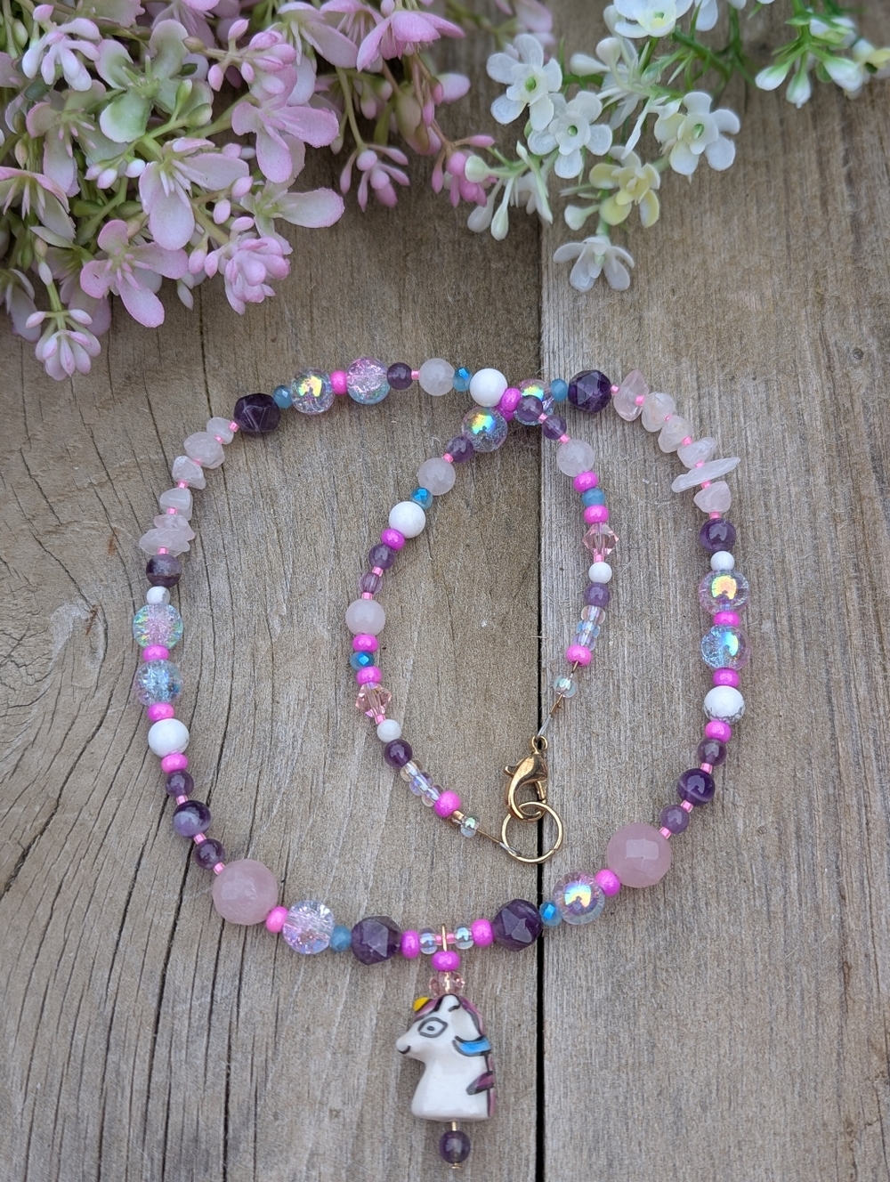 🦄Handmade Pink & Purple Beaded Necklace Unicorn Pendant